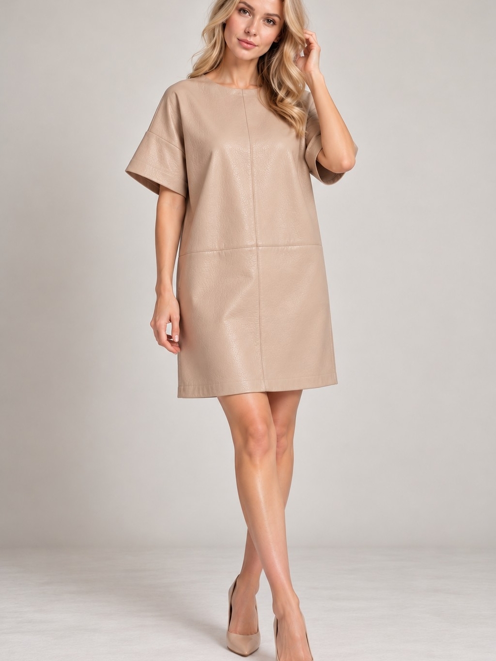 Taupe Short-Sleeve Shift Dress - Brand Unspecified
